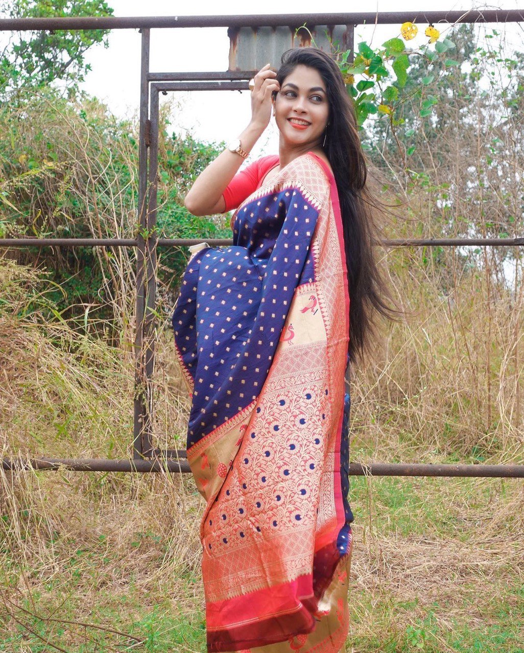 Hand Block Printed Banarasi Soft Silk jacquard by Icultuer