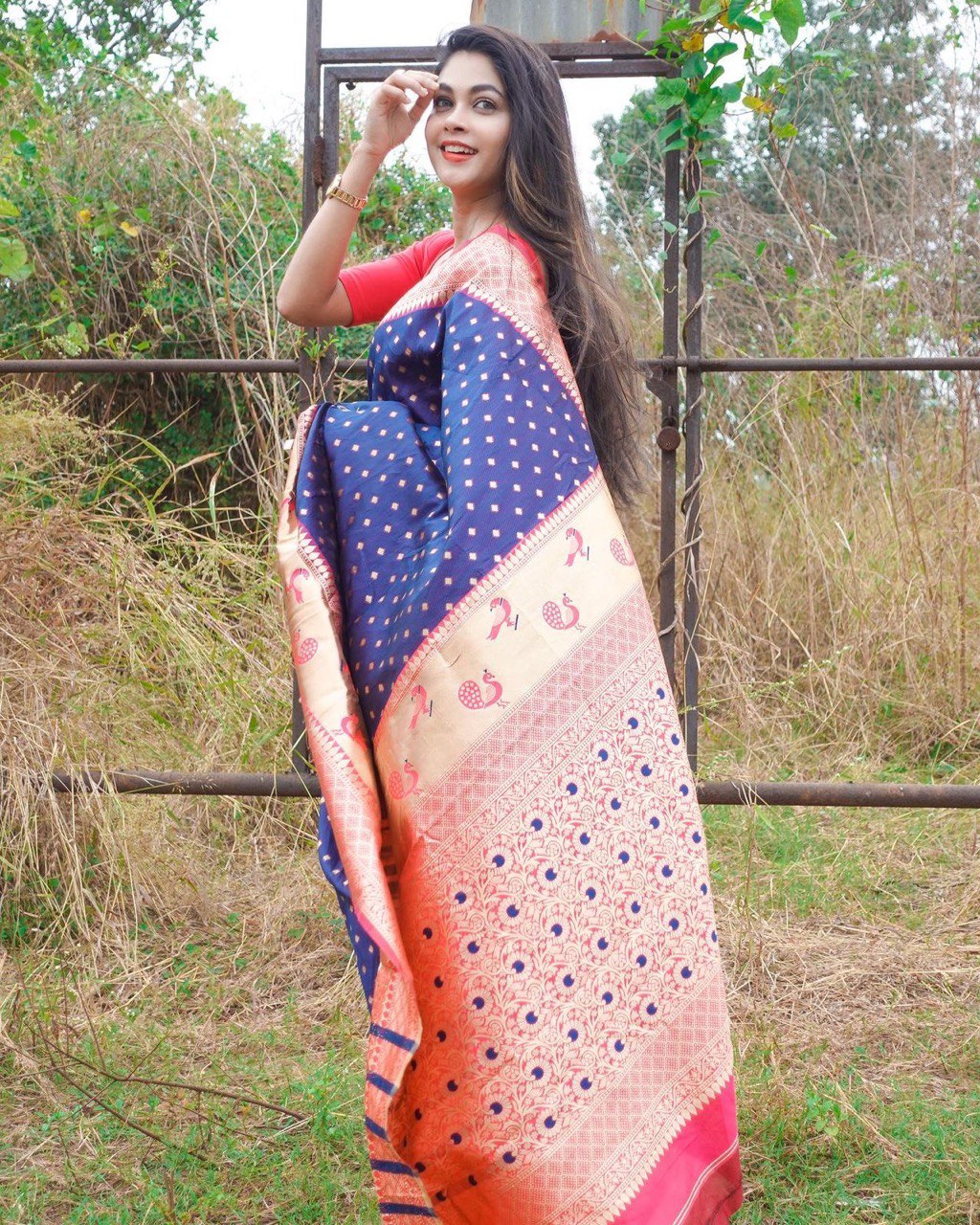 Hand Block Printed Banarasi Soft Silk jacquard by Icultuer