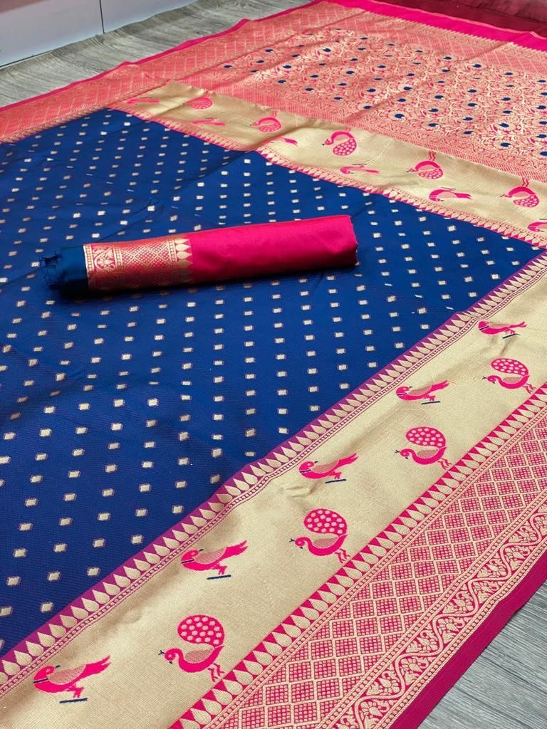 Hand Block Printed Banarasi Soft Silk jacquard by Icultuer