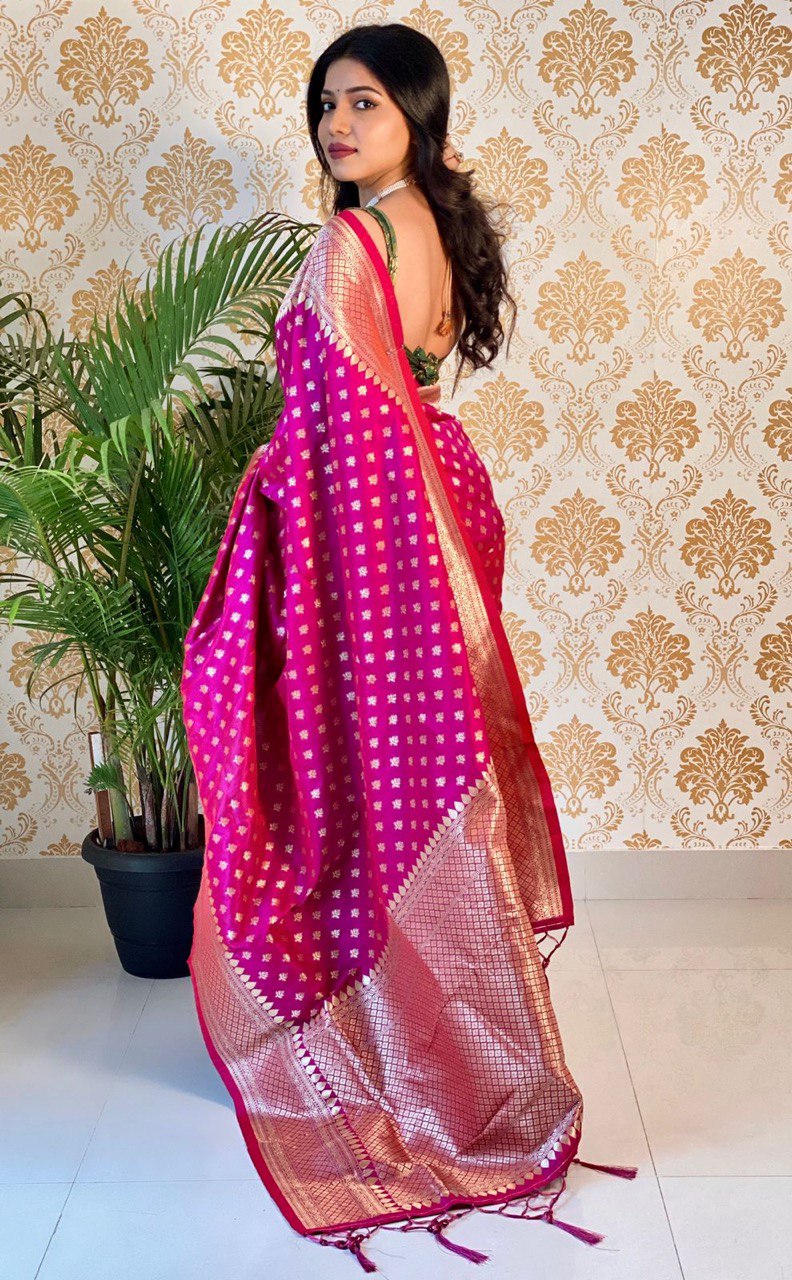 Pink Floral Printed Kanjivaram Pure Silk jacquard by Icultuer