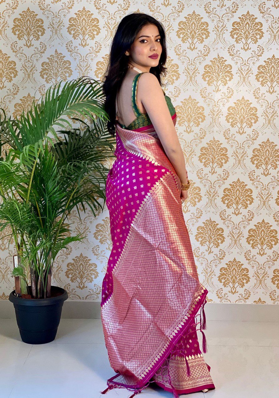 Pink Floral Printed Kanjivaram Pure Silk jacquard by Icultuer