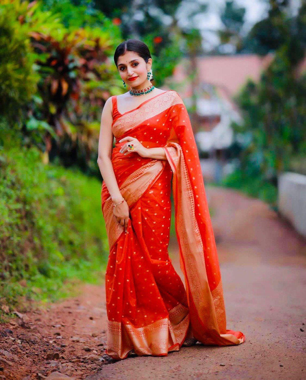 Beautiful Golden Zari Woven Soft Lichi Silk by Icultuer
