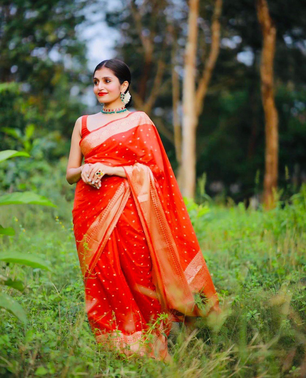 Beautiful Golden Zari Woven Soft Lichi Silk by Icultuer