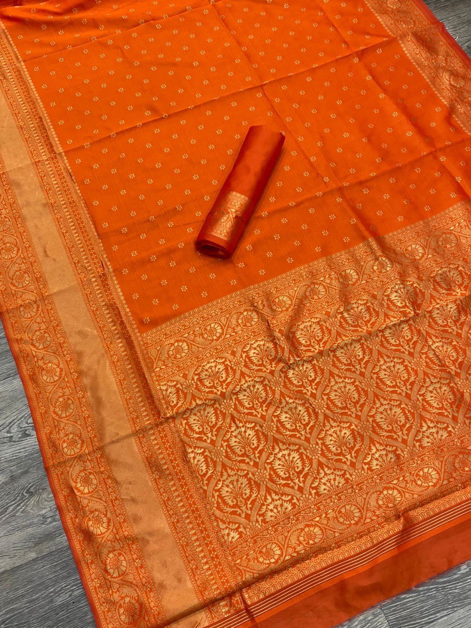 Beautiful Golden Zari Woven Soft Lichi Silk by Icultuer
