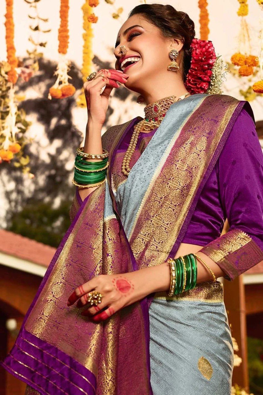 Grey Zari Woven Banarasi Soft Silk Jacquard by Icultuer