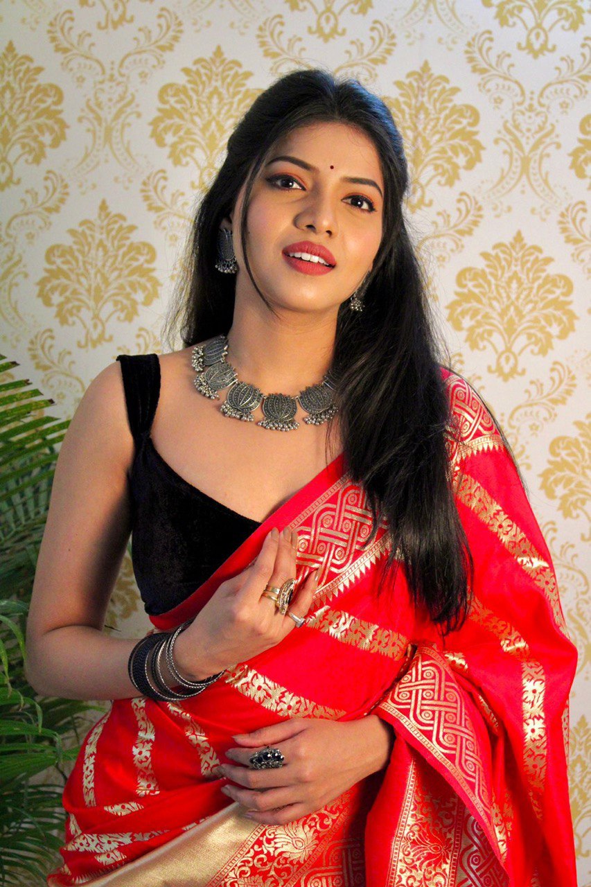 Red Heavy Zari Weaving Banarasi Soft Silk by Icultuer