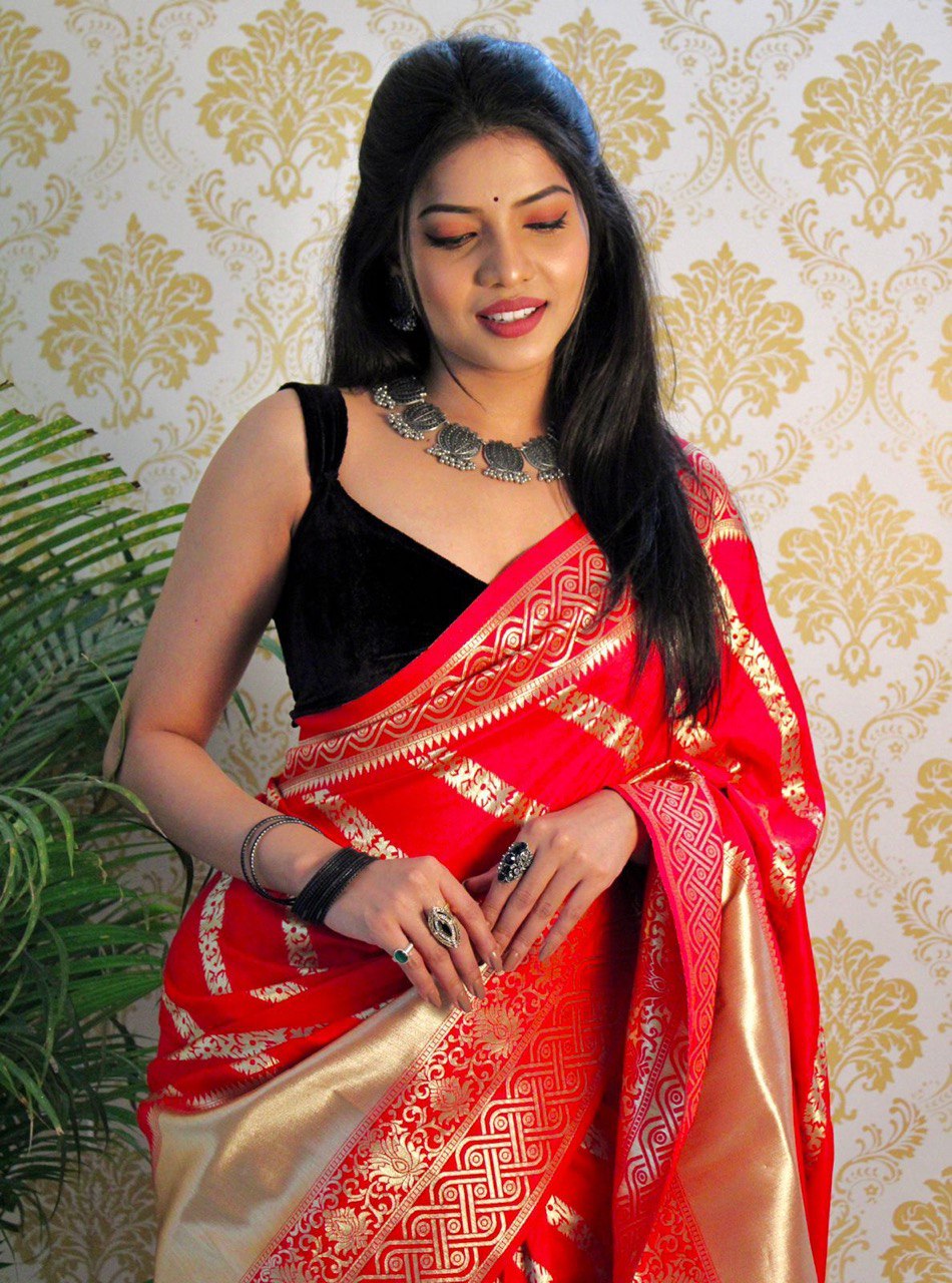 Red Heavy Zari Weaving Banarasi Soft Silk by Icultuer