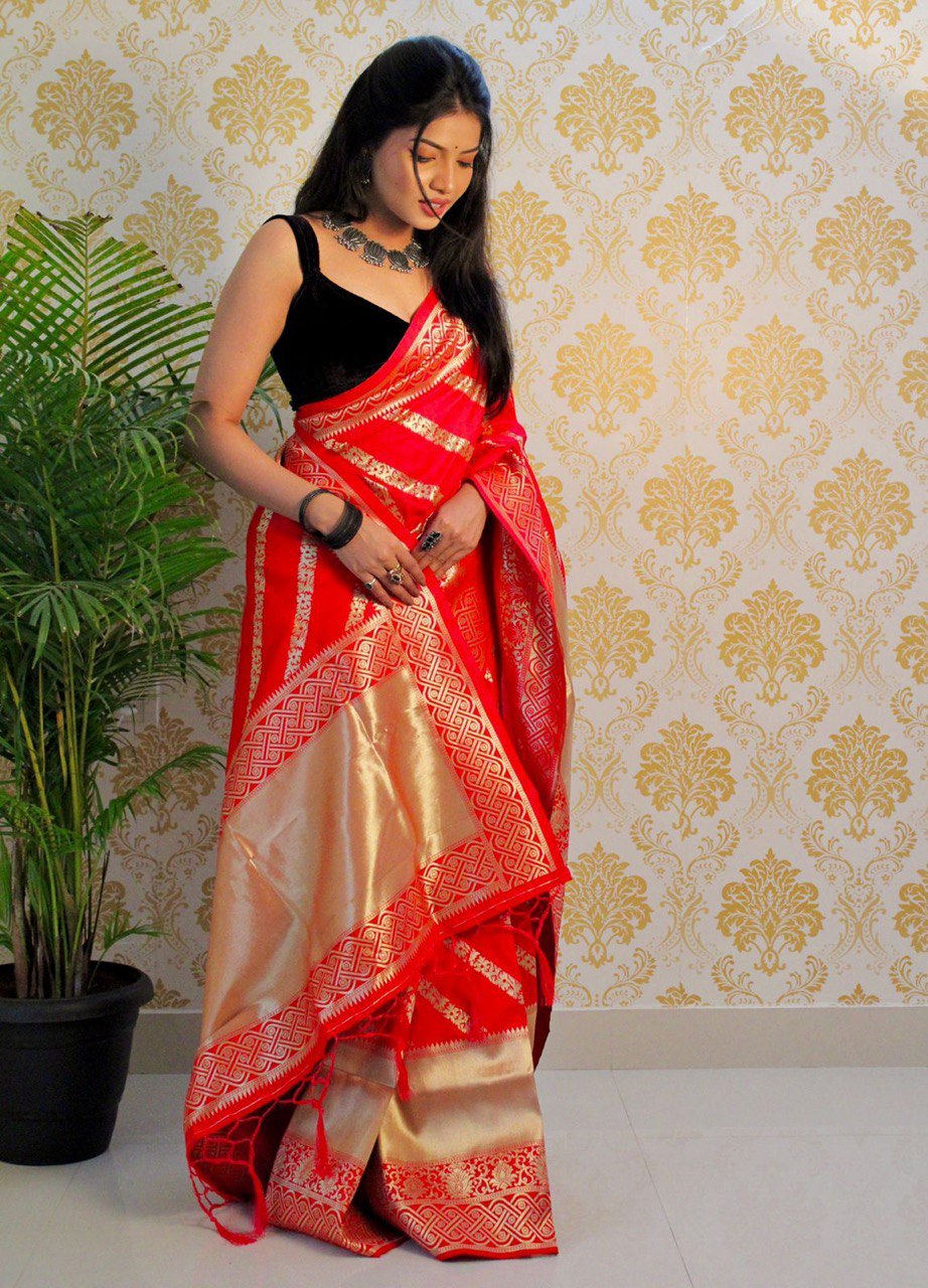 Red Heavy Zari Weaving Banarasi Soft Silk by Icultuer