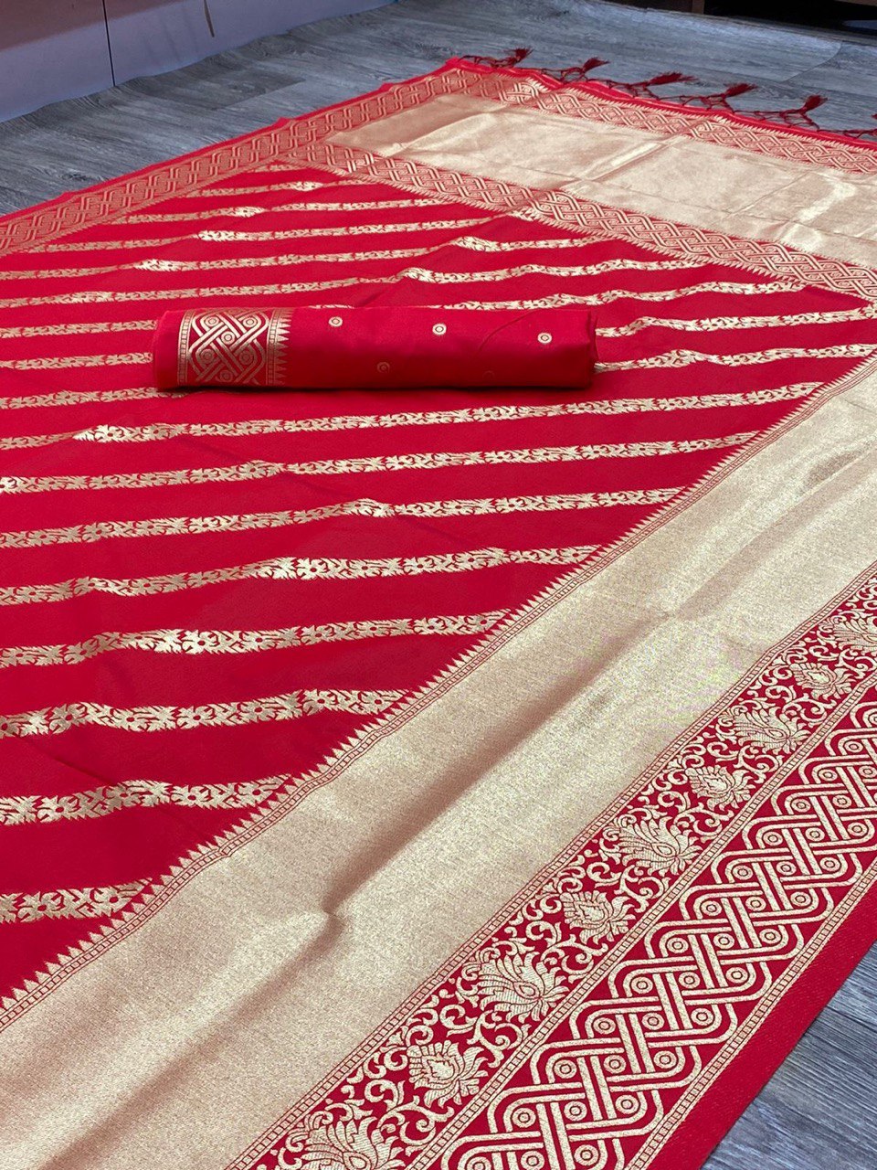 Red Heavy Zari Weaving Banarasi Soft Silk by Icultuer