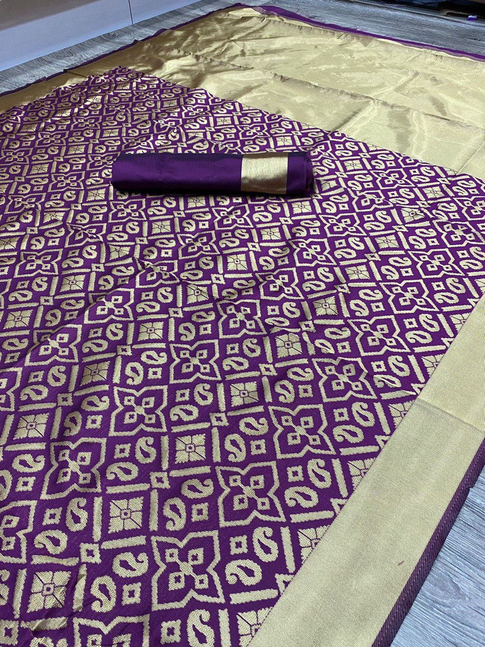 Kanchipuram Banarasi Litchi Silk by Icultuer with Golden Zari Weaving