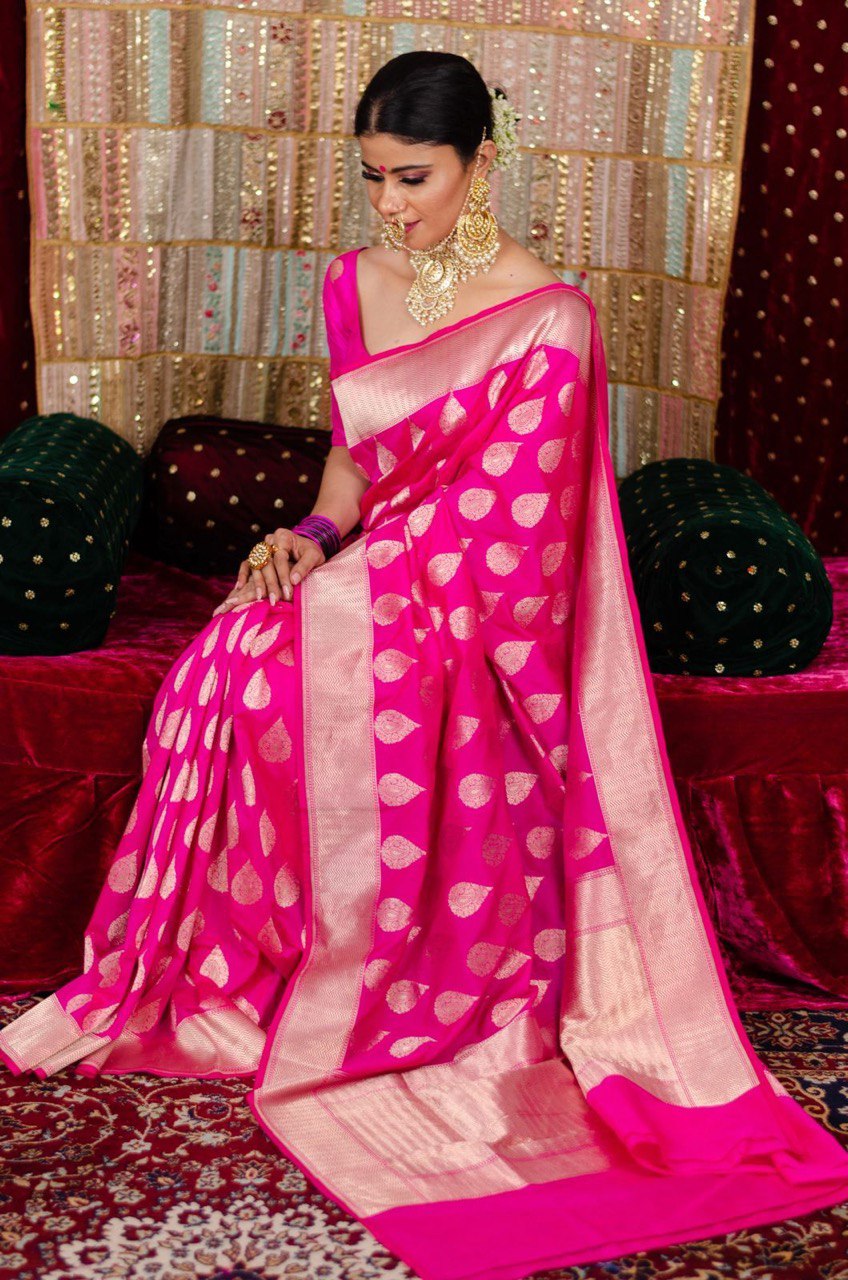 Baby Pink Zari Woven Kanjivaram Soft Silk by Icultuer