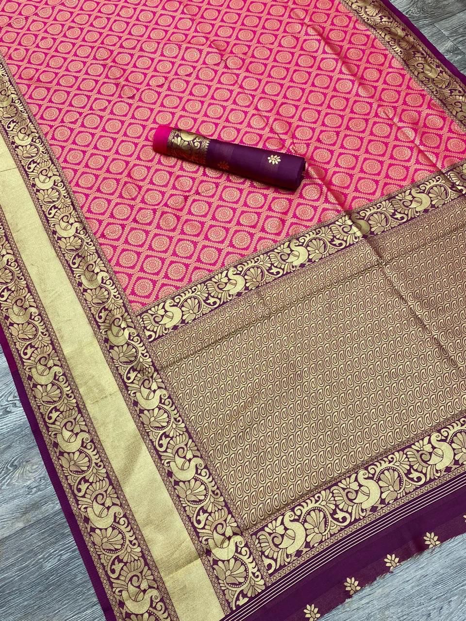 Pink & Purple Kanjivaram Pure Silk Blend by Icultuer