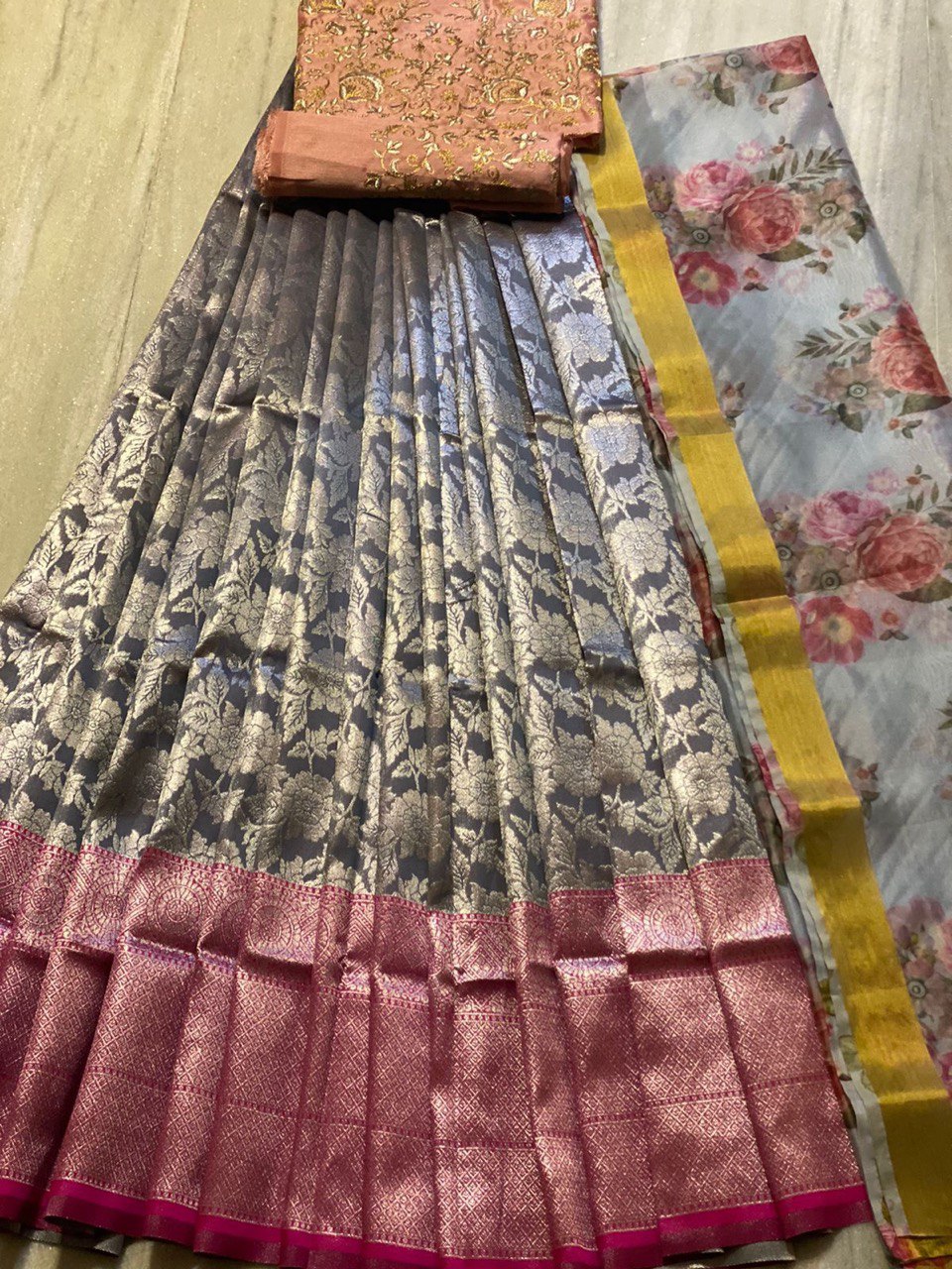 Trending Kanjivaram Pure Silk Half by Icultuer & blouse along with Dupatta