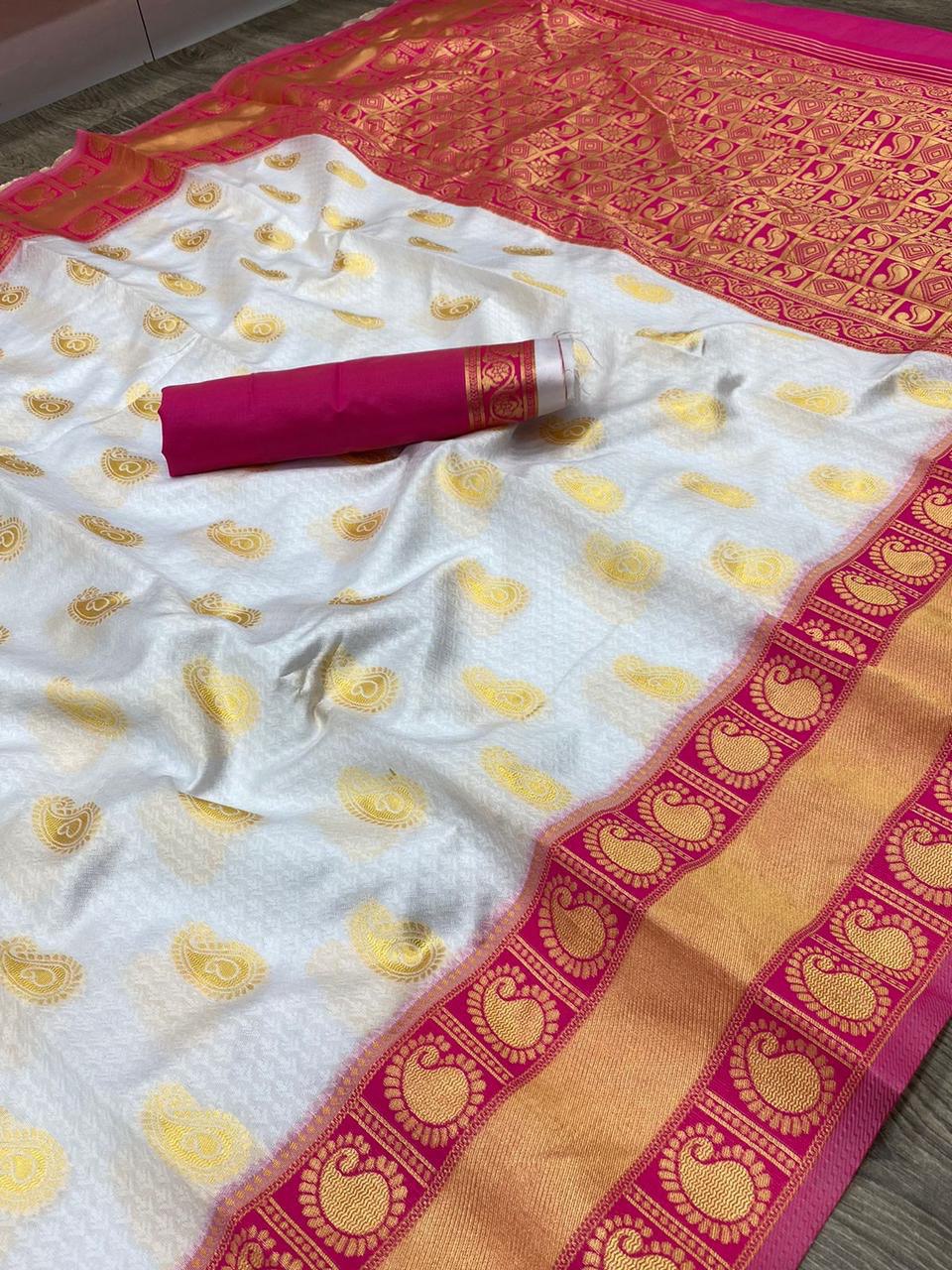 White Golden Zari Weaving Kanjivaram Art Silk by Icultuer