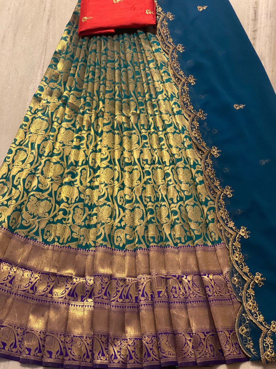 Blue Embroidered Pattern Chanderi Silk Choli & Dupatta
