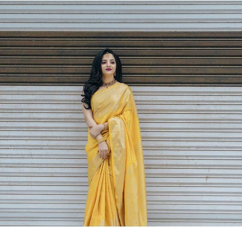 Yellow Banarasi Soft Silk Jacquard by Icultuer with Beautiful Tassels