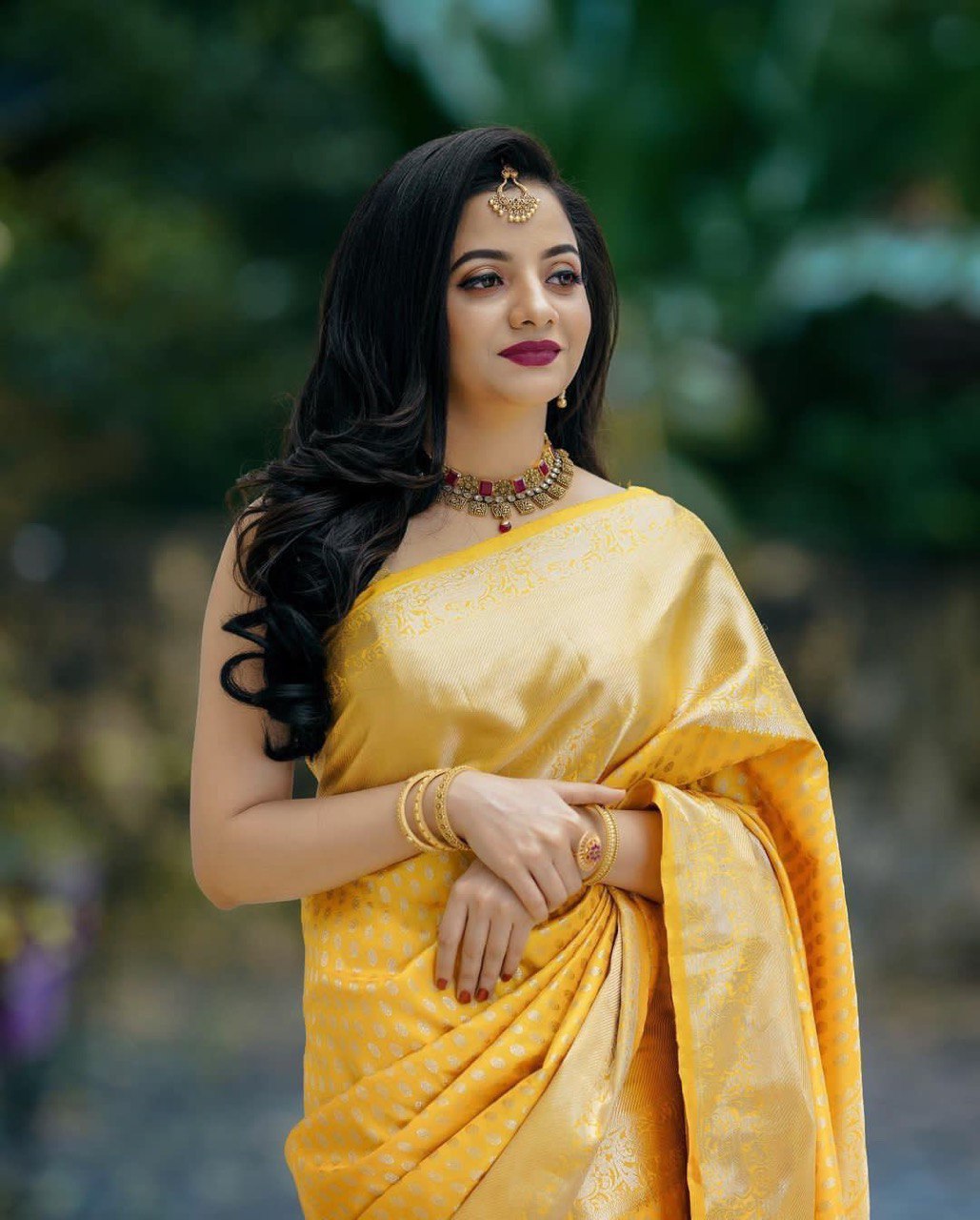 Yellow Banarasi Soft Silk Jacquard by Icultuer with Beautiful Tassels