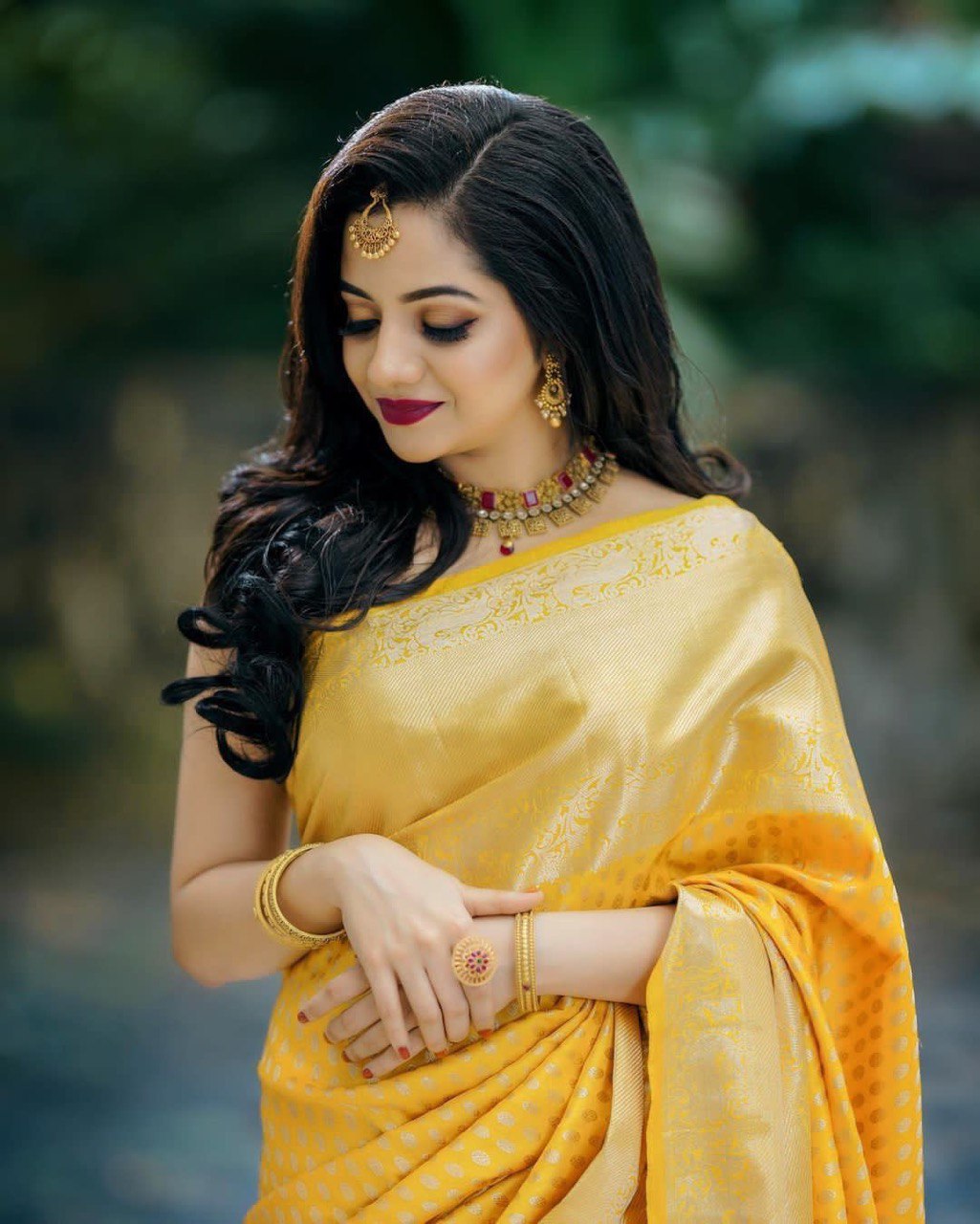 Yellow Banarasi Soft Silk Jacquard by Icultuer with Beautiful Tassels