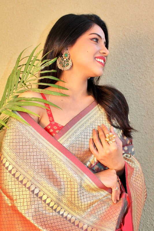 Light Grey & Red Banarasi Pure Soft Silk by Icultuer