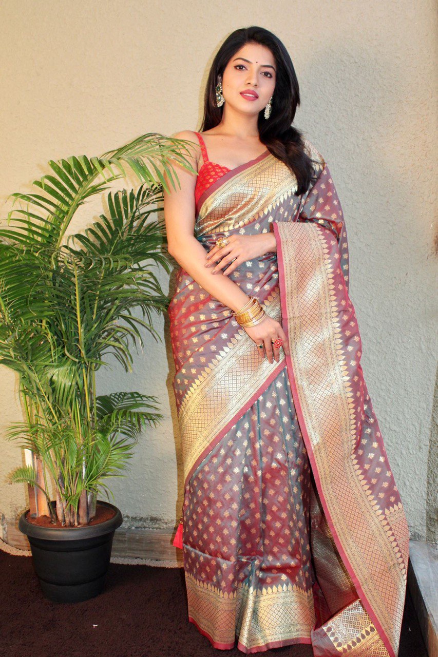 Light Grey & Red Banarasi Pure Soft Silk by Icultuer