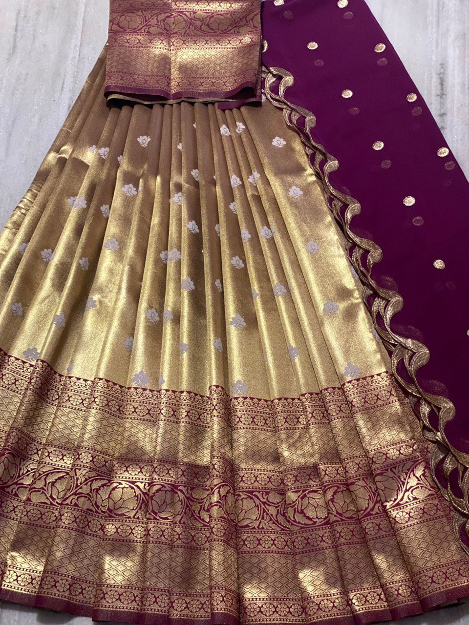 Golden Zari weaving Organza Silk Half by Icultuer for Wedding