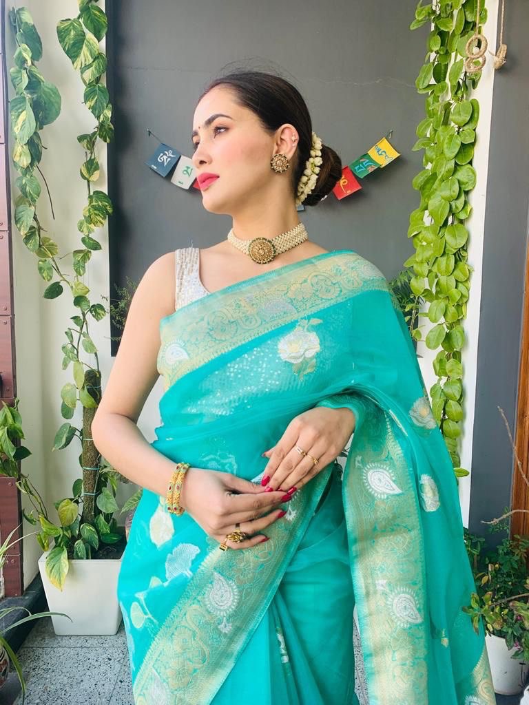 Woven Bollywood Organza by Icultuer  (Light Blue)