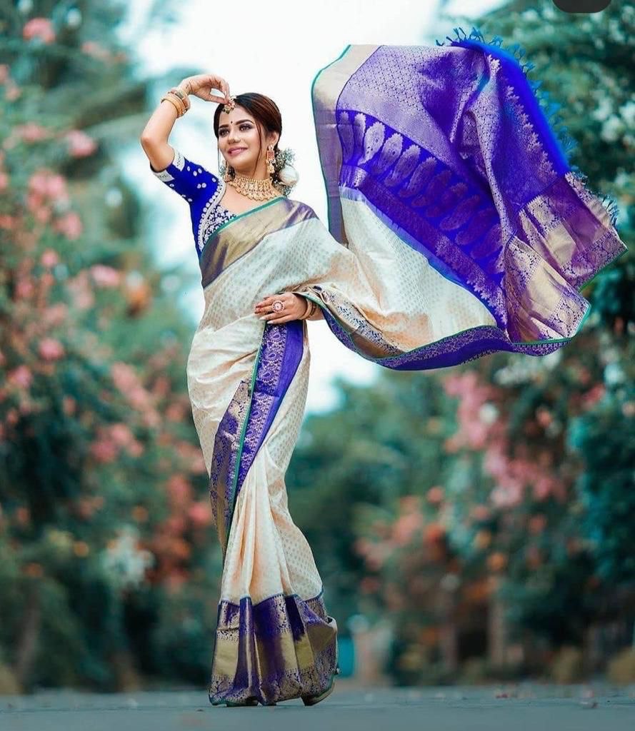 Cream Woven Design Kanjivaram Soft Silk by Icultuer