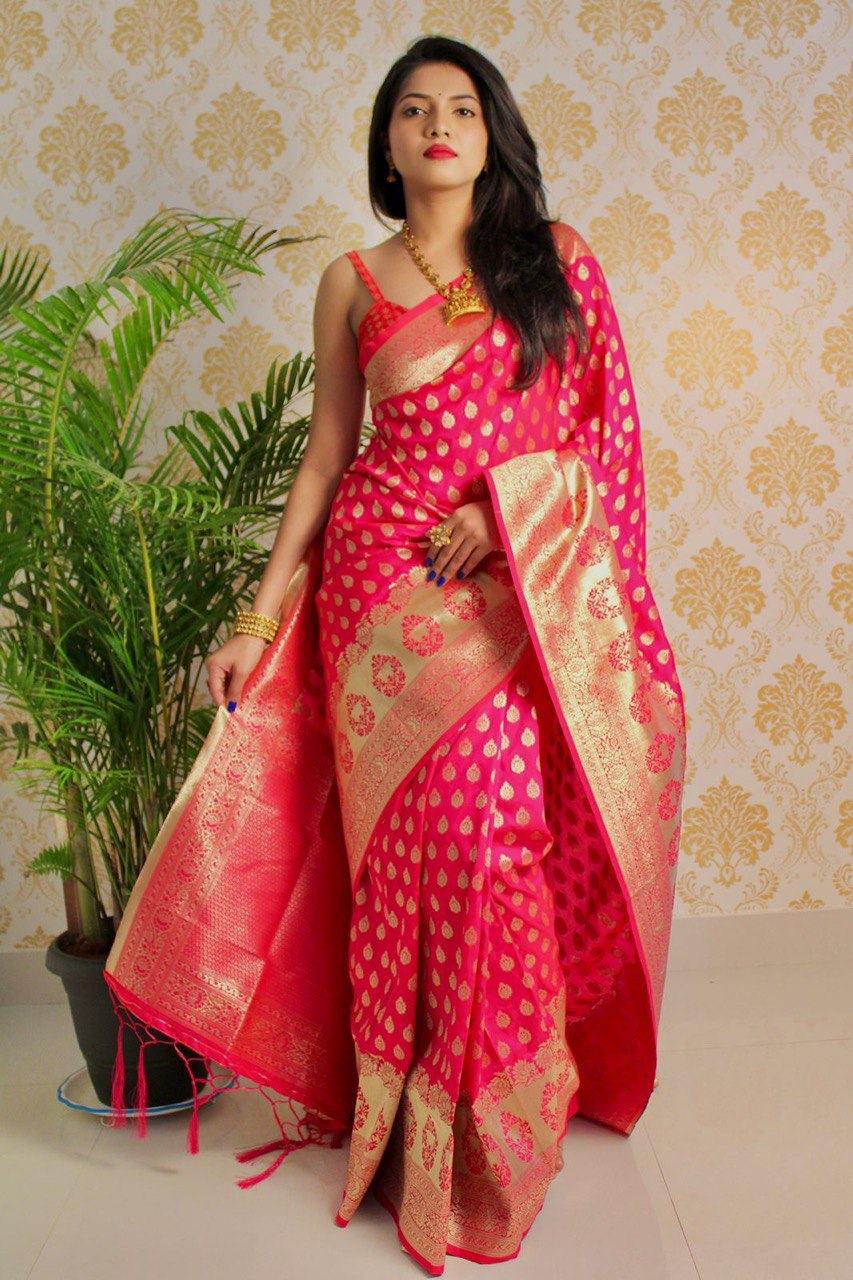 Pink Zari Weaving Kanjivaram Silk Blend by Icultuer