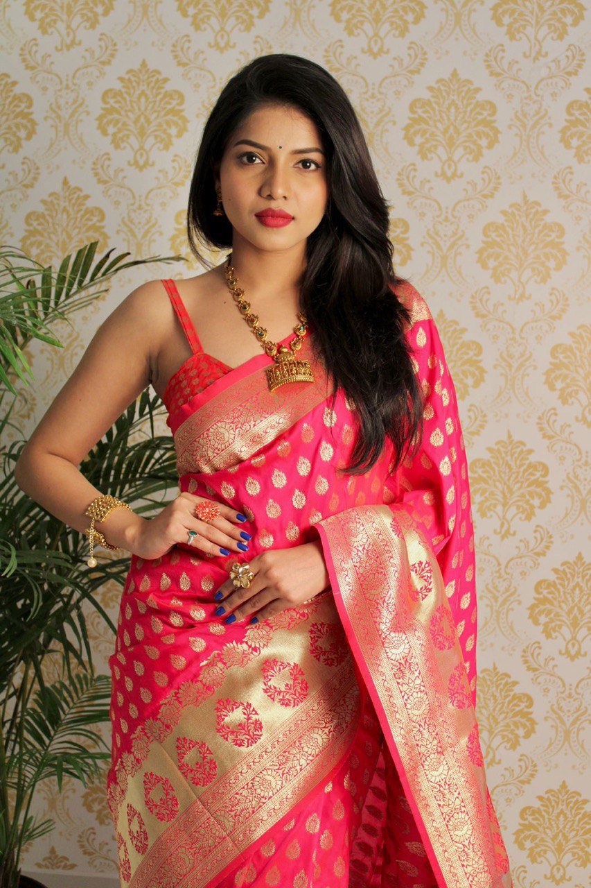 Pink Zari Weaving Kanjivaram Silk Blend by Icultuer