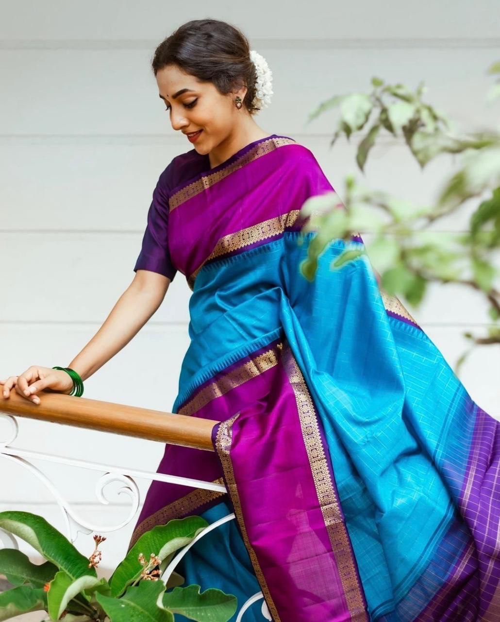 Royal Blue Banarasi Kanchipuram Silk by Icultuer With Plain Blouse