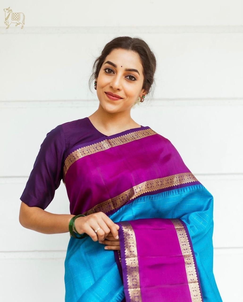 Royal Blue Banarasi Kanchipuram Silk by Icultuer With Plain Blouse