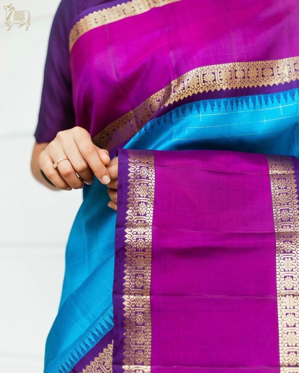 Royal Blue Banarasi Kanchipuram Silk by Icultuer With Plain Blouse