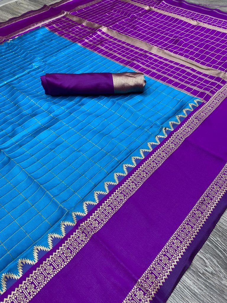 Royal Blue Banarasi Kanchipuram Silk by Icultuer With Plain Blouse