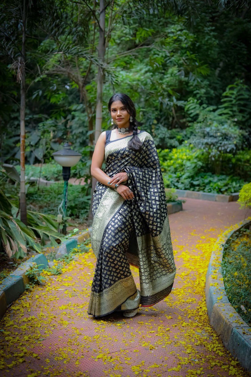 Beautiful Black Zari Woven Banarasi Soft Silk by Icultuer
