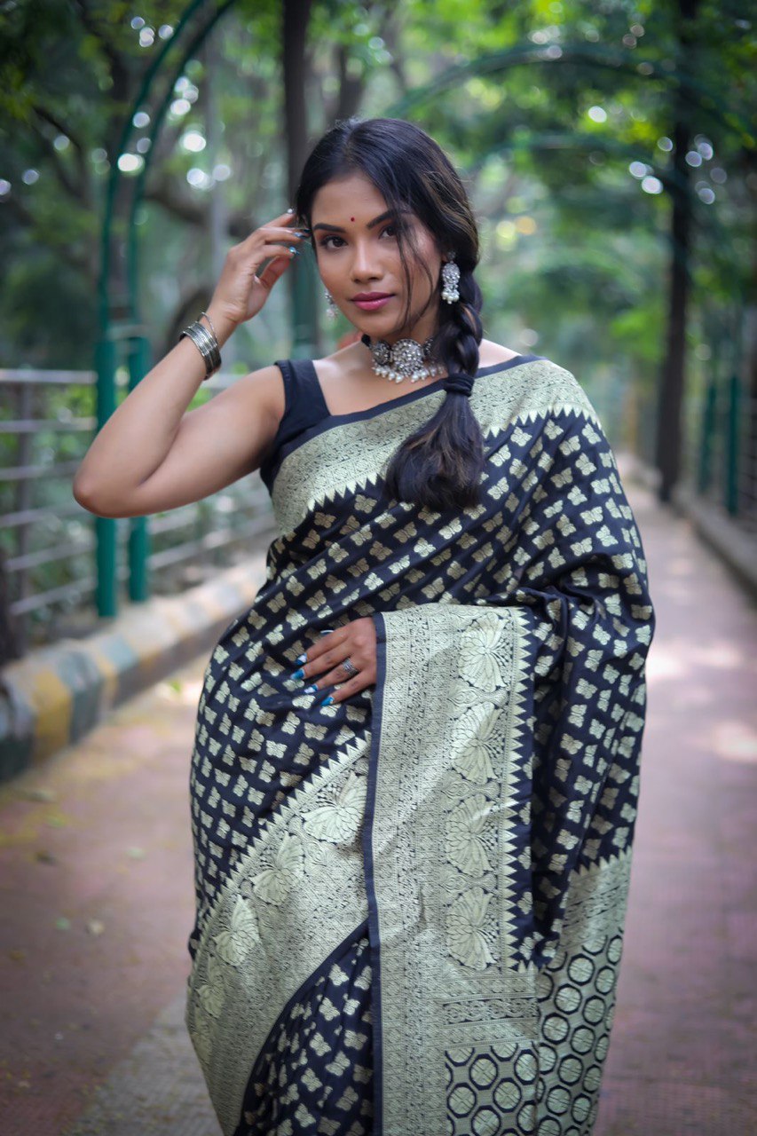 Beautiful Black Zari Woven Banarasi Soft Silk by Icultuer