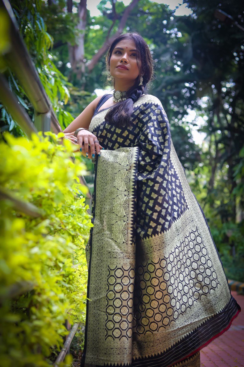 Beautiful Black Zari Woven Banarasi Soft Silk by Icultuer