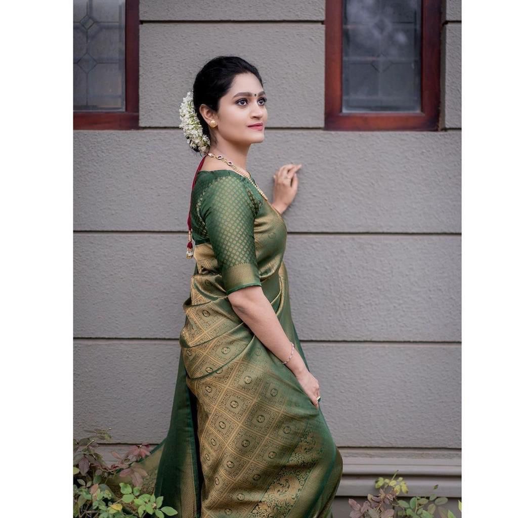 Green Banarasi Jacquard by Icultuer with Zari Woven Pattern
