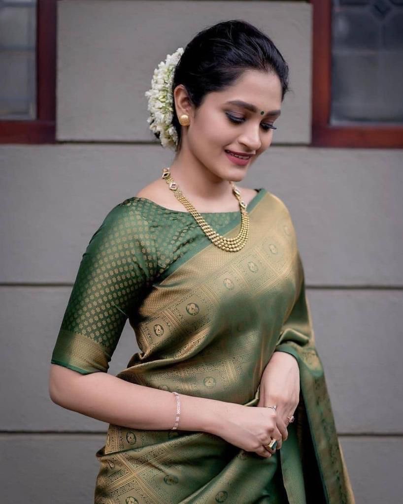 Green Banarasi Jacquard by Icultuer with Zari Woven Pattern