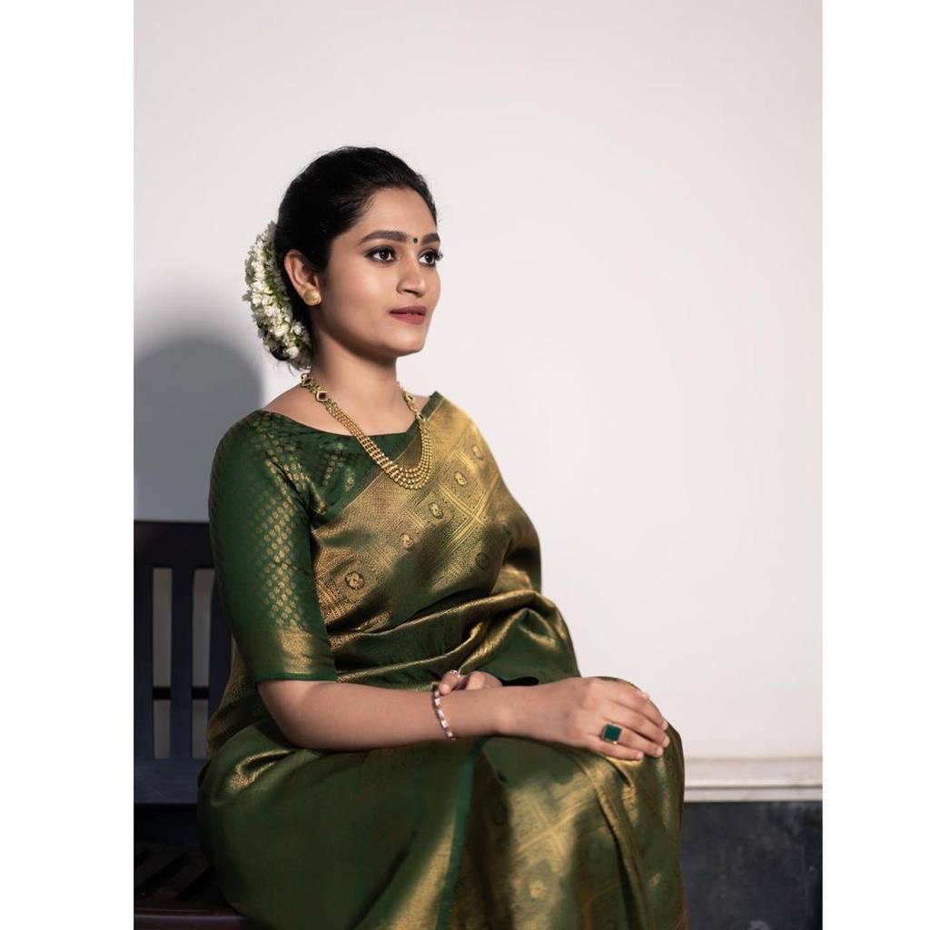 Green Banarasi Jacquard by Icultuer with Zari Woven Pattern