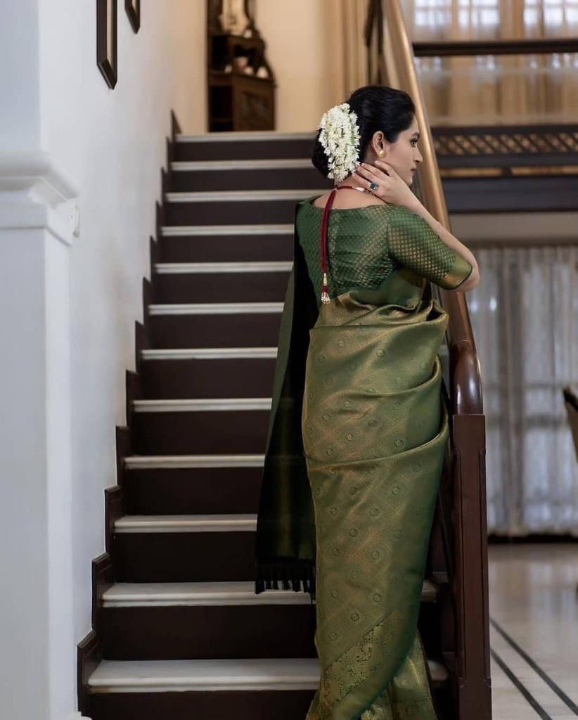 Green Banarasi Jacquard by Icultuer with Zari Woven Pattern
