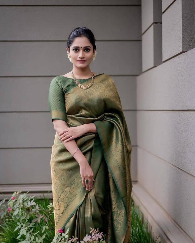 Green Banarasi Jacquard by Icultuer with Zari Woven Pattern
