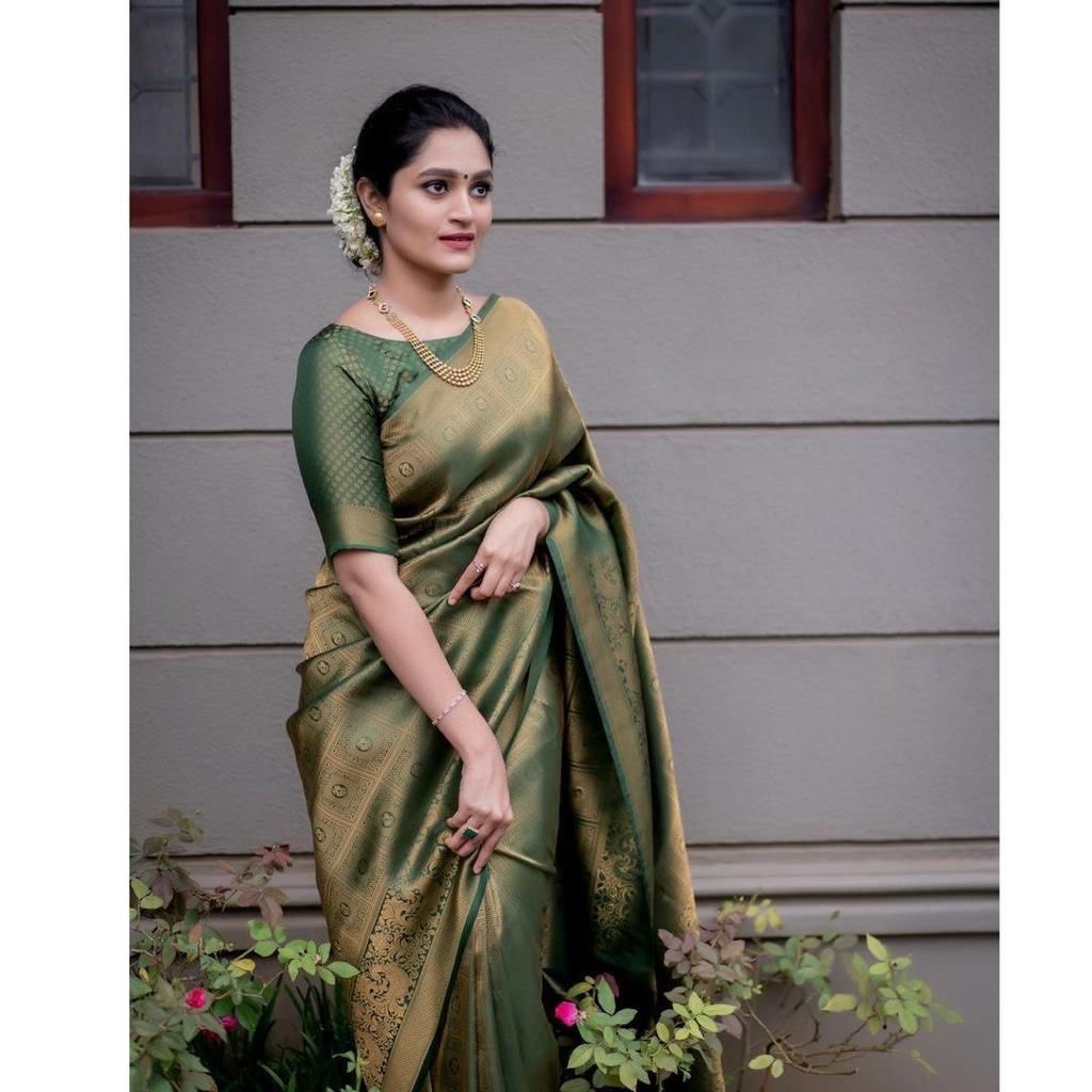 Green Banarasi Jacquard by Icultuer with Zari Woven Pattern
