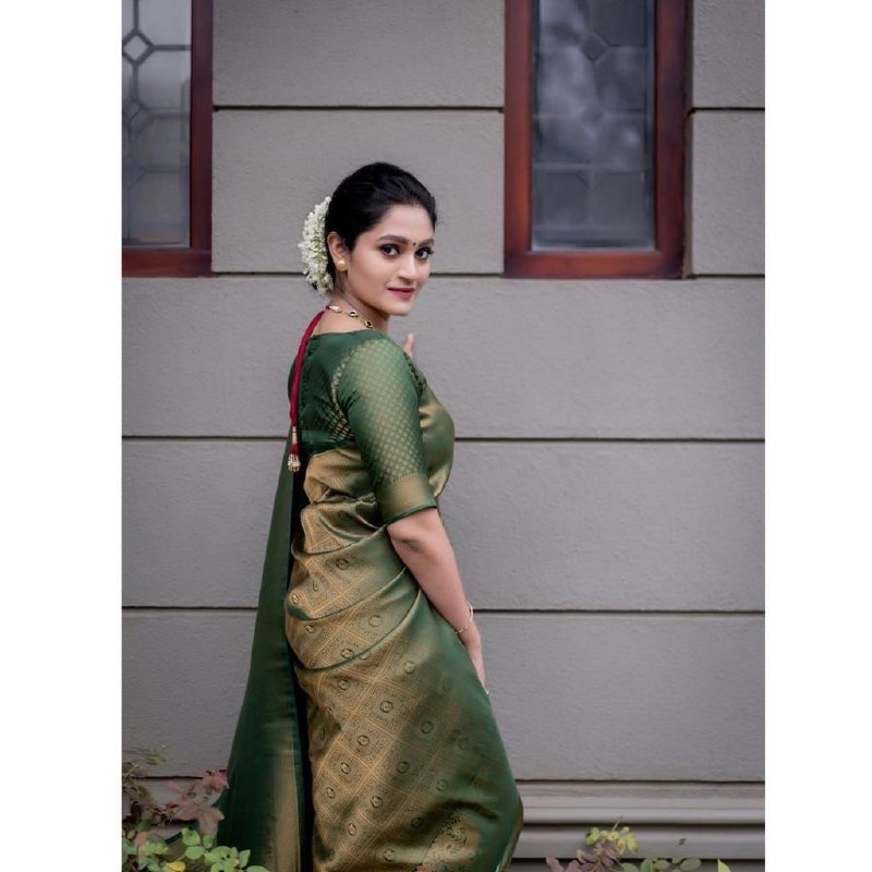 Green Banarasi Jacquard by Icultuer with Zari Woven Pattern