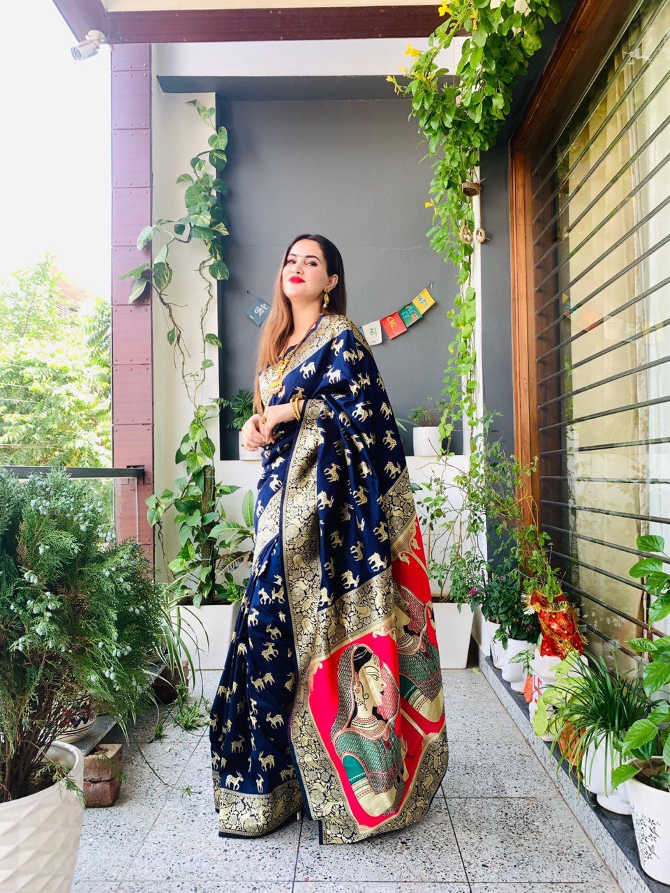 Dark Blue Printed Banarasi Art Silk by Icultuer