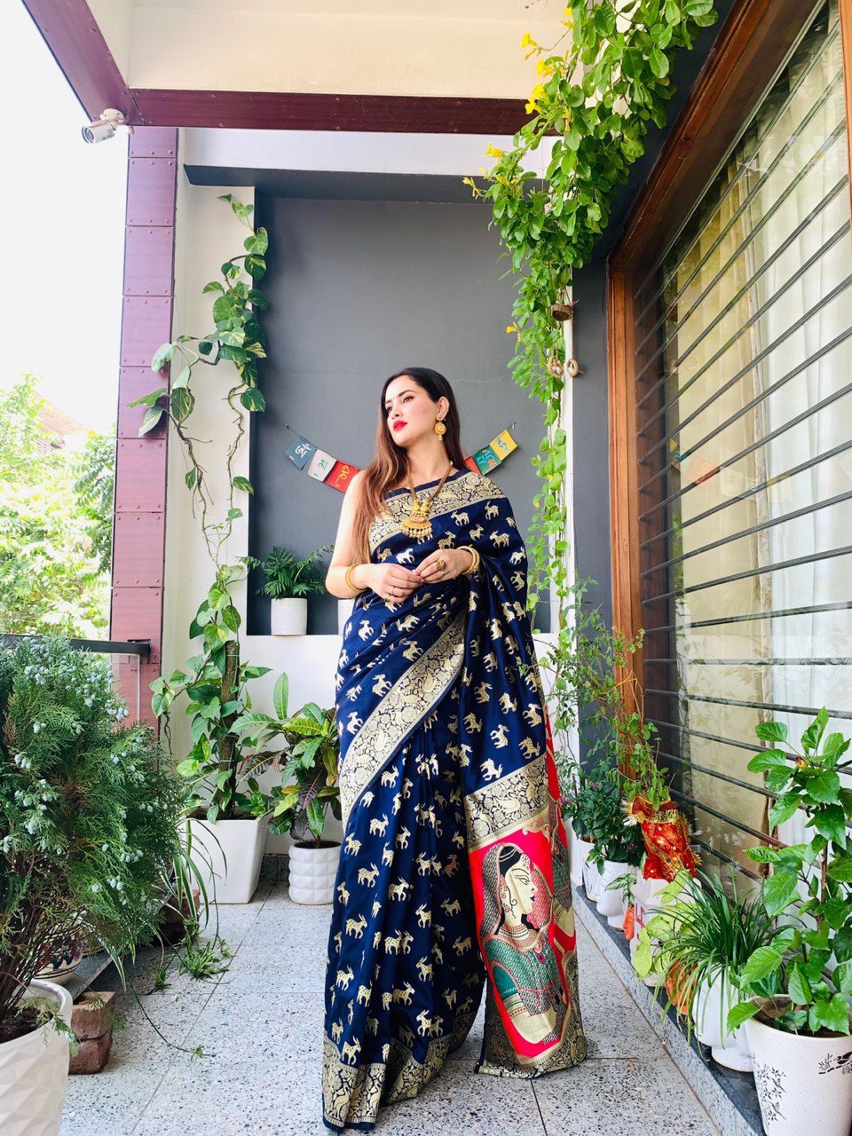 Dark Blue Printed Banarasi Art Silk by Icultuer