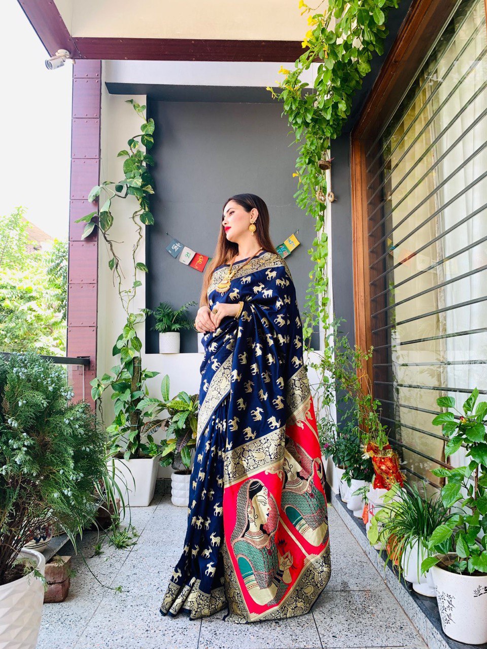Dark Blue Printed Banarasi Art Silk by Icultuer