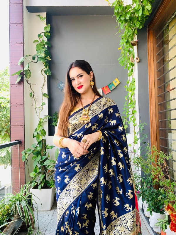 Dark Blue Printed Banarasi Art Silk by Icultuer