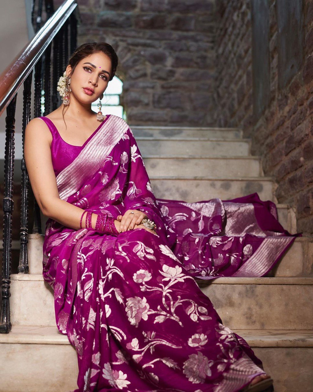 Purple Floral Zari Woven Design Banarasi Silk Jacquard by Icultuer