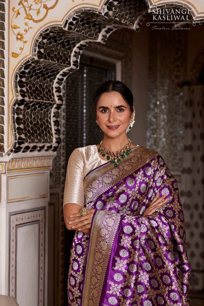 Purple Floral Printed Paithani Jacquard Art Silk by Icultuer