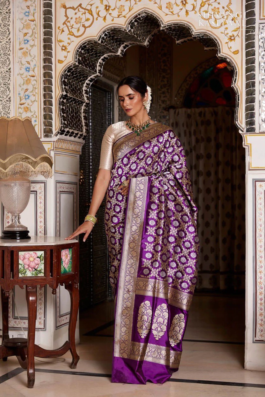 Purple Floral Printed Paithani Jacquard Art Silk by Icultuer